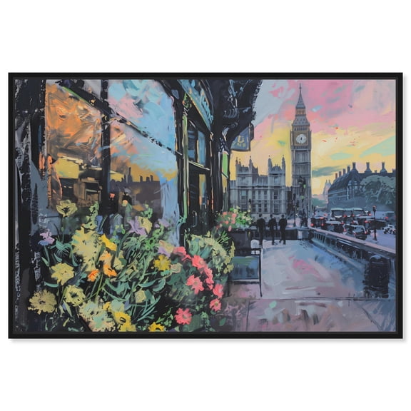 Foggy Spring Flower Shop London Canvas Print Travel Wall Art by Art Remedy, Black Frame, 30 x 20