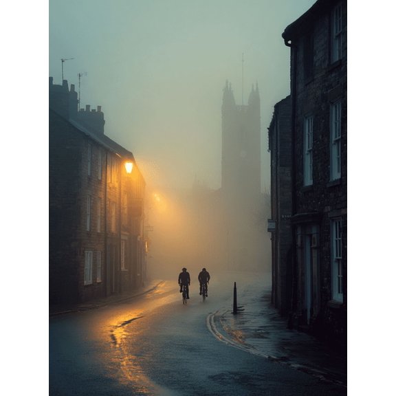 Foggy Street Cycling Canvas Print, Wall Art for Living Room Bedroom Hallway Office Cafe Entryway Hotel