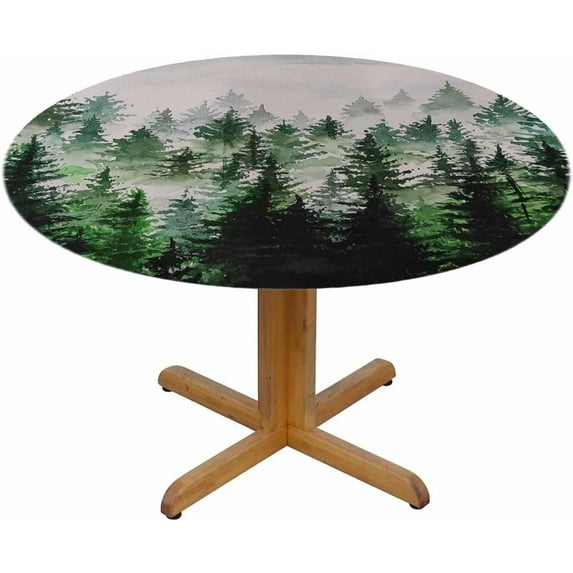 Foggy Trees Round Tablecloth Nature Wood Landscape Watercolor Waterproof Oil-Proof Table Cover for Indoor Dining, Outdoor Picnic Parties, Camping, Fits 40-44" Inches