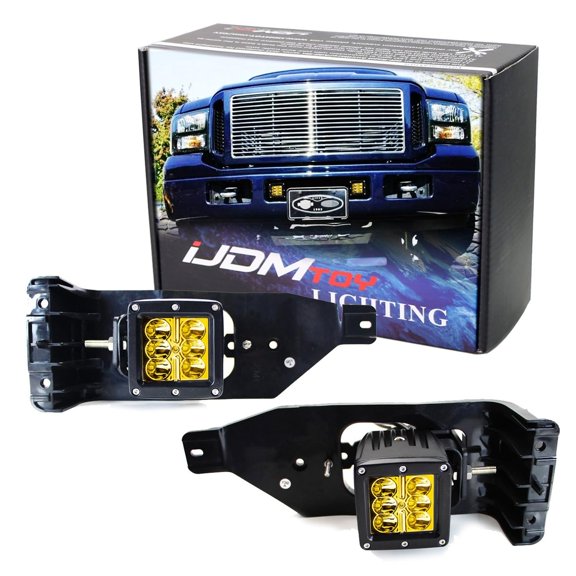 Foglight Location Fit LED Pod Lights For 2005-2007 Ford F250 F350 F450 Super Duty, Including (2) 3-Inch Yellow 24W LED Cubic Lamps, Fog Area Mount Brackets and Switch Wire Harness
