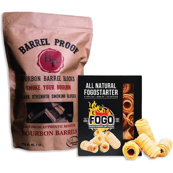 Fogostarters Natural Fire Starters, 30 Count Box and Barrel Proof Bourbon Barrel Blocks, Cask Strength Smoking Wood Chunks for Grilling, 2 Pound Resealable Bag, Bundle