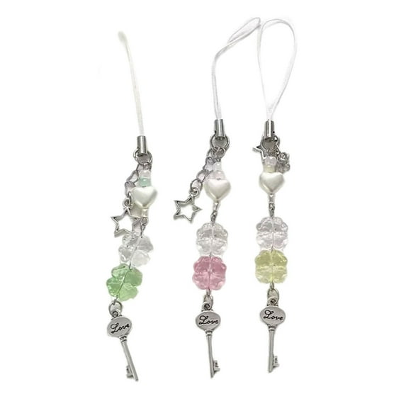 Fogun 3pcs Handmade Beaded Phone Lanyard Four Leaf Clovers Phone Chain Acrylic Beaded Phone Pendant Phone Jewelry for Bag