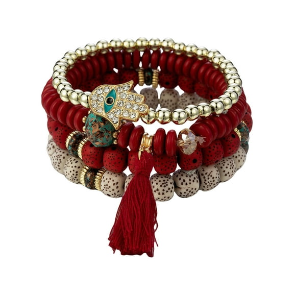 Fogun 4Pcs Evil Eyes Bracelet Set Features Crystal Fatima Hand Tassels Charm Fashion Bangle Casual Wear for Ladies