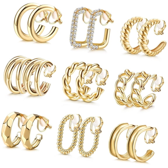Fogun 9Pairs Eye Catching Gold Plated Clip On Earrings Dumpy Hoop Designs Ear Accessory for Women Without Pierced Ear Jewelry