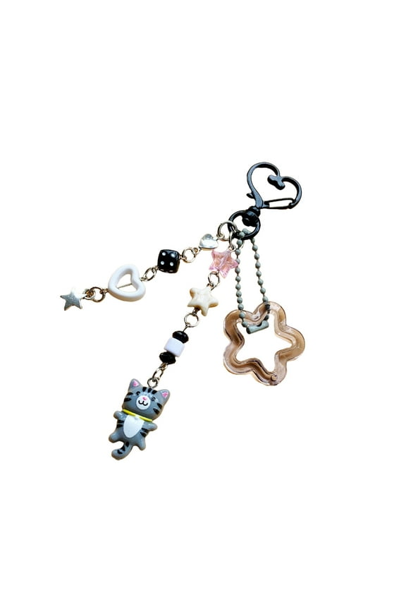 Cartoon Cat Keychain Charm Pendant Colorful Beaded Keyring Fashionable Accessory for Bags and Purses Creative