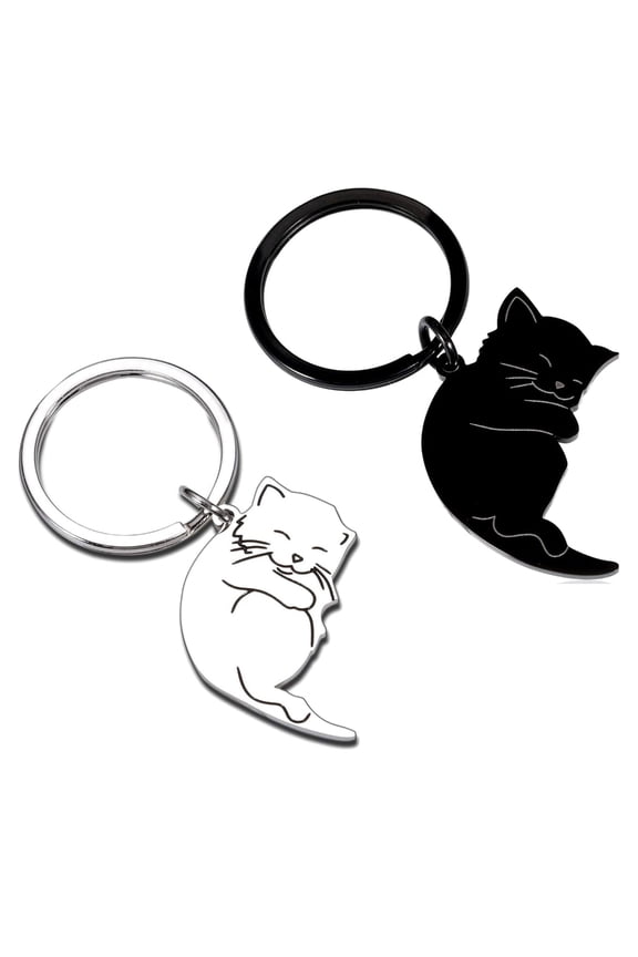 Black and White Cartoon Cats Keychain Playful Cat Keychain Pair for Couples Cat Pendant Key Rings Charm