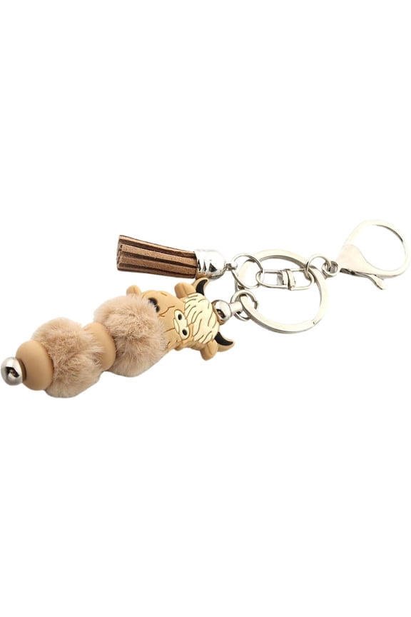 Cow Keychain with Tassels and Colorful Silicone Beads Fashionable Key Holder Handmade for Friend Backpack Pendant