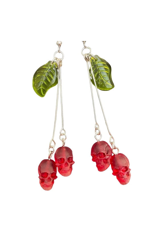 Gothic Skull Earrings for Women Fashion Pagan Witch Jewelry Accessories with Red Skull and Green Leaf Ear Hooks