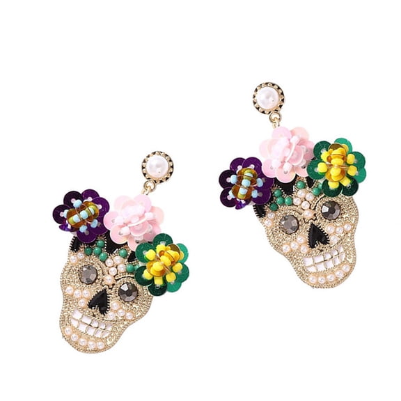 Fogun Halloween Skull Earrings with Zirconia and Glittering Flower Accent Fashion Trendy Studs Adornment for Costume Parties