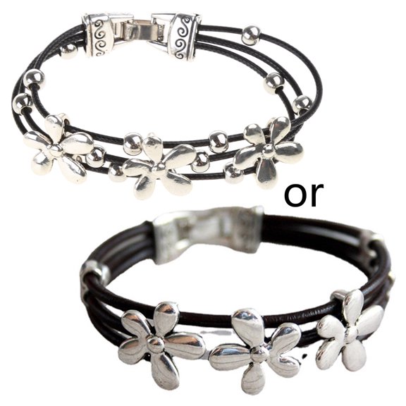 Fogun Multiple Layers Leather Rope Bracelet Flower Bracelet Flower Leather Rope Bangle Leather for Girls