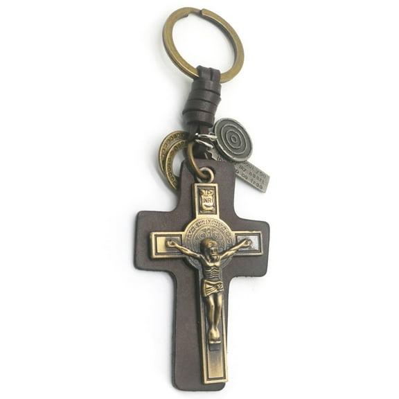 Fogun Unique Crucifix PU Leather Keychain Religious Key Rings Bag Pendant for Daily Use Trendy Punk Inspired Key Accessory