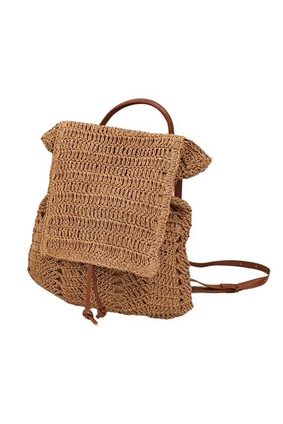 Women Fashion Straw Handmade Woven Backpack Flap Drawstring Shoulders Bag Beach Daypack