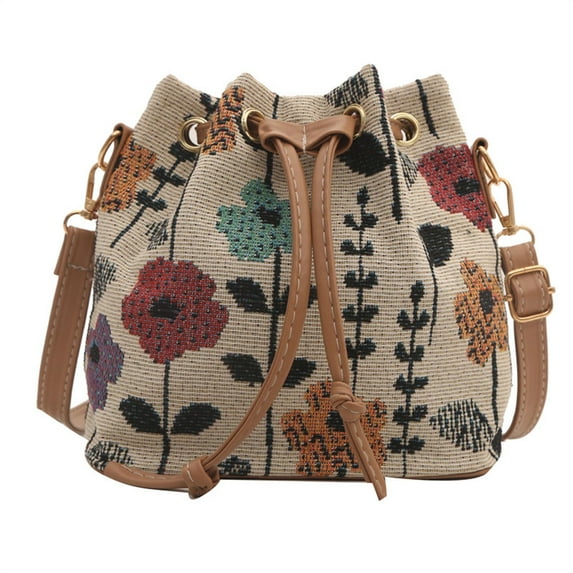 Women Bag Ethnic Styles Shoulder Bag Fashion Messengers Bag Simple Bucket Bag Drawstring Crossbody Bag for Daily Travel