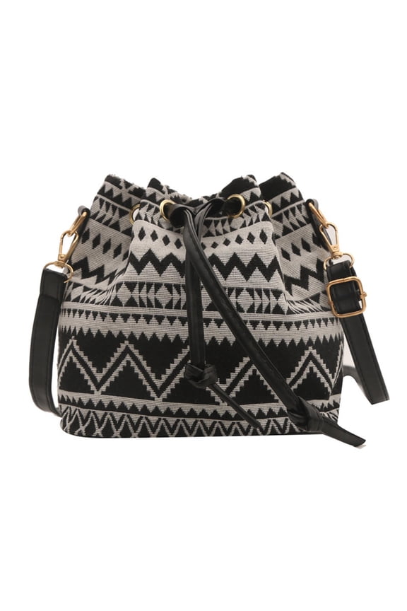 Women Bag Ethnic Styles Shoulder Bag Fashion Messengers Bag Simple Bucket Bag Drawstring Crossbody Bag for Daily Travel
