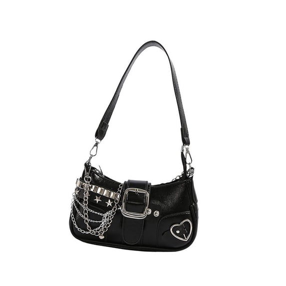 Punk PU Leather Single Shoulder Bag with Chain for Women Star Rivets Underarm Purse Handbag Zippered Armpit Bag