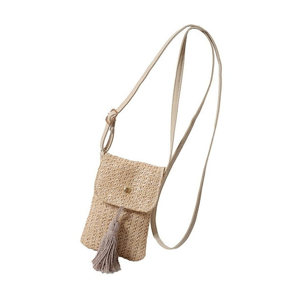 Beach Woven Straw Tassels Small Phone Bag for Women's Fashion Shoulder Crossbody Purse Wallet with Adjustable Strap