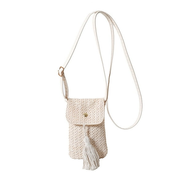 Beach Woven Straw Tassels Small Phone Bag for Women's Fashion Shoulder Crossbody Purse Wallet with Adjustable Strap