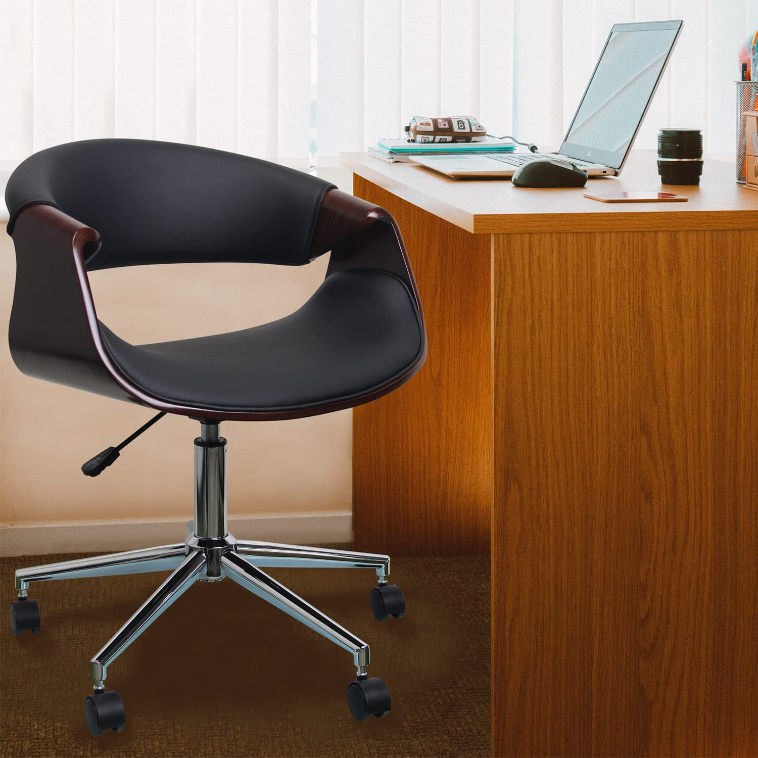 Foh Bentwood Rolling Office Desk Chair with PU Leather Upholstery ...