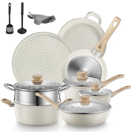 Fohere 15-Piece Pots and Pans Set Non Stick, Induction Kitchen Cookware Sets, Aluminum, Beige