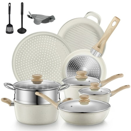 Fohere 15-Piece Pots and Pans Set Non Stick, Induction Kitchen Cookware Sets, Aluminum, Beige