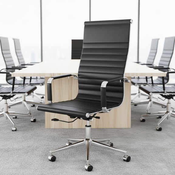 Fohfurniture PU Leather Tall Ribbed Executive Chair, Ergonomic Office Chair, Hotel Task Chair, Leather Height Adjustable Swivel Chairs, Conference Room Chair with Arms