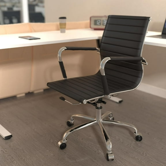 Fohfurniture PU Leather Tall Ribbed Executive Chair, Ergonomic Office Chair, Hotel Task Chair, Leather Height Adjustable Swivel Chairs, Conference Room Chair with Arms