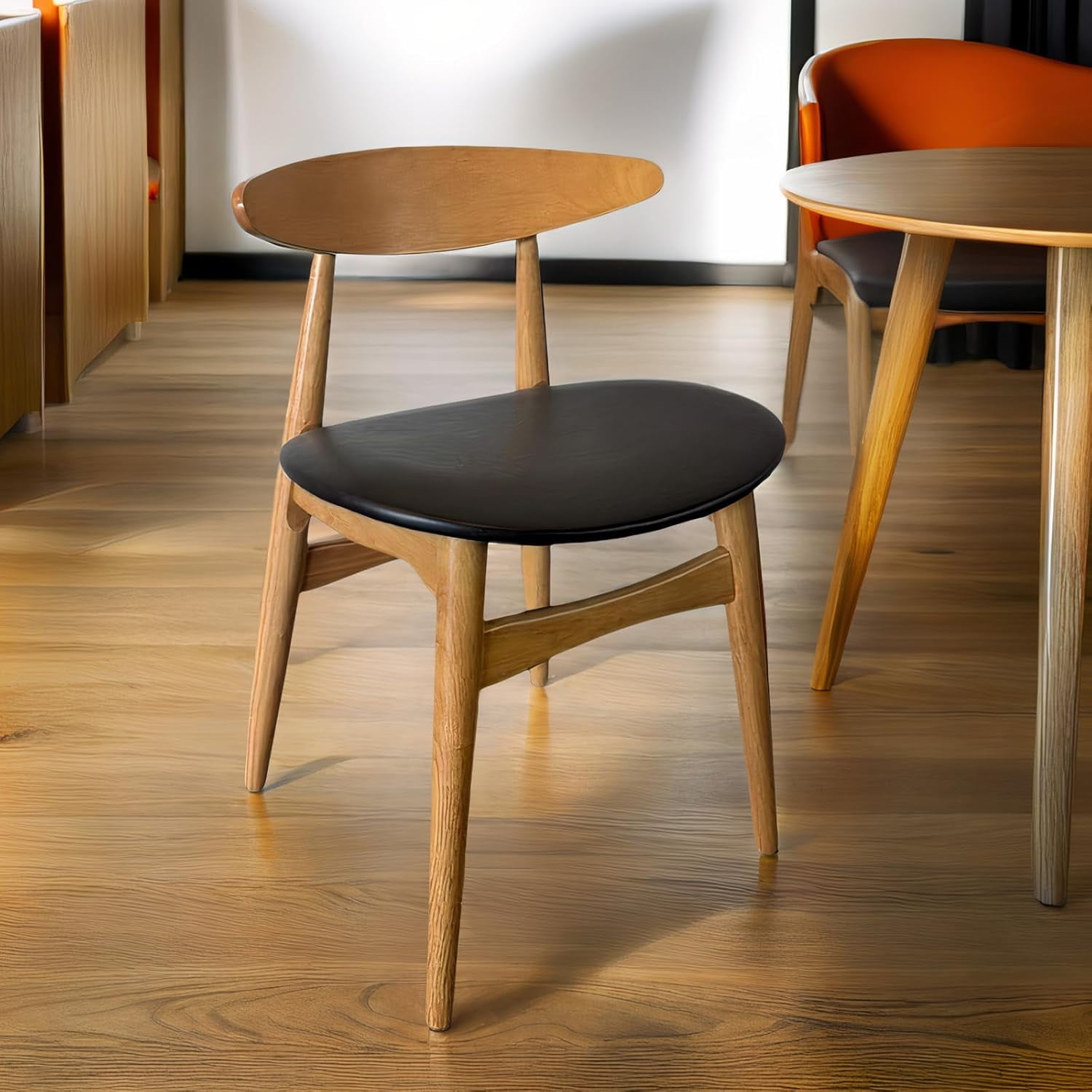Fohfurniture Restaurant Dining Chairs Set of 2, Modern Kitchen Chairs, Oak Solid Wood Chair with Curved Backrest & Leather Cushion, Kitchen & Dining Room Chairs for Living Dining (Natural Oak)
