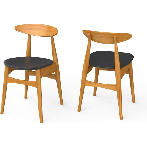 Fohfurniture Set of 2 Woven Elbow Wood Dining Chair, Mid-Century Farmhouse Armless Side Kitchen Chairs with Leather Cushion for Restaurant, Home, Dining Room