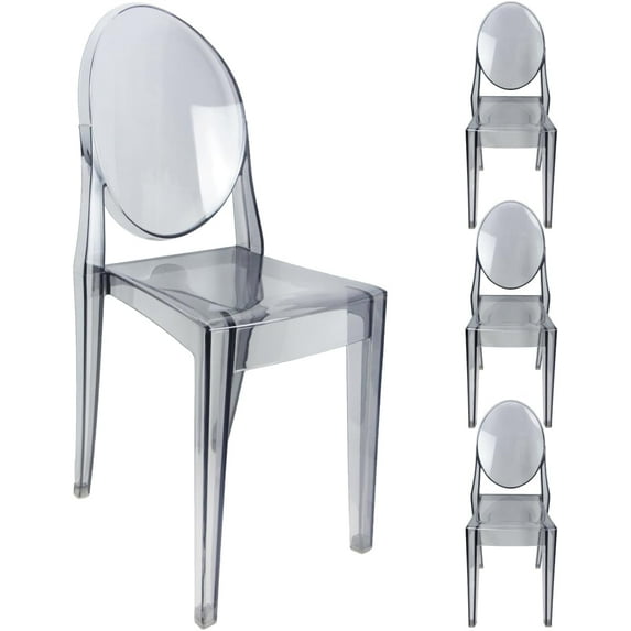 Fohfurniture Set of 4 Clear Ghost Chairs, Modern Transparent Accent Side Chairs, Clear Polycarbonate Dining Room Arm Chairs for Events, Weddings, Banquets