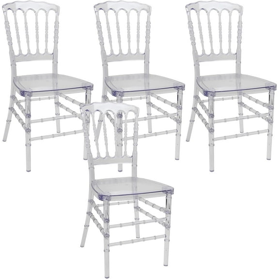 Fohfurniture Set of 4 Clear Crystal Acrylic Chairs, Transparent Stacking Chiavari Dining Chairs for Weddings, Banquets, Events (Napoleon, Clear)