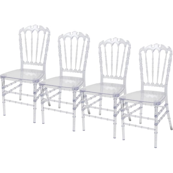 Fohfurniture Set of 4 Clear Crystal Acrylic Chairs, Transparent Stacking Chiavari Dining Chairs for Weddings, Banquets, Events (Napoleon, Clear)