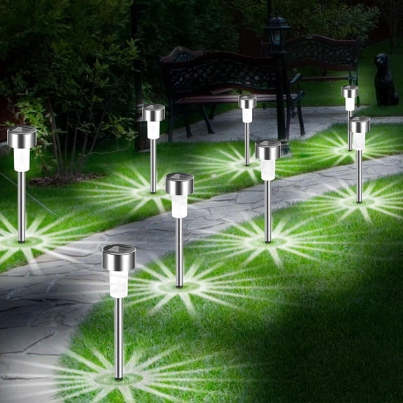 Fohil 10 Pack Solar Pathway Lights Outdoor, Waterproof Solar Garden Lights LED Stainless Steel Solar Lights for Walkway Path Driveway Patio Yard Lawn Decor Cool White
