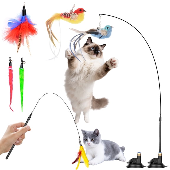 Fohil 10Pcs Interactive Cat Toys for Indoor Play - Bird Feather Wand with Strong Suction Cup, 2 Wands & 6 Teaser Refills-Flying Toy for Bored Cats