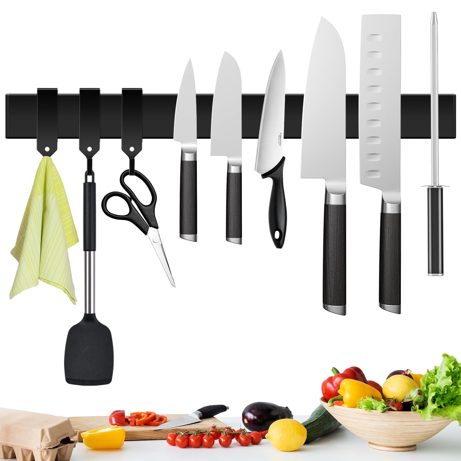 Fohil 16 Inch Magnetic Knife Strip with 3 Hooks, No Drilling Magnetic Knife Holder for Wall, Multipurpose Stainless Steel Powerful Magnetic Knife Rack Bar for Kitchen Knife Holder, Modern Black