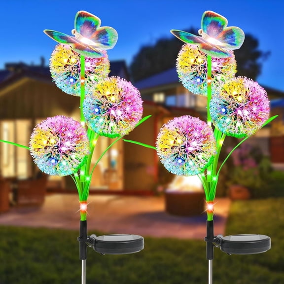 Fohil 2 Pack Solar Dandelion Lights, Garden Lights Flowers with Colored LED, Decoration Light IP65 Waterproof for Lawn, Balcony, Outdoor Decoration