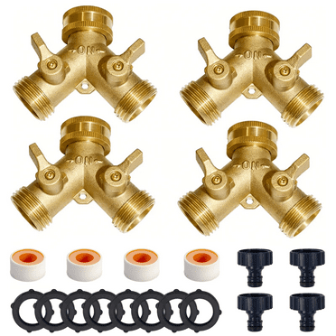 Fohil 2 Way Y Garden Hose Connector,Heavy Duty Brass Tap Hose Splitter for Lawn and Garden, Hose Spigot Outlet Adapter with 2 Valves Plus 4 Extra Rubber Washers 4 Pack
