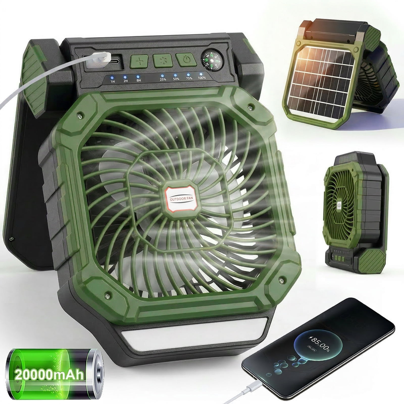 Fohil 20000mAh Solar Camping Fan with LED Light, Solar/USB Charging, 4-Speed Fan,3 Timer Settings, Phone Charging for Camping Fishing Outdoor, Green