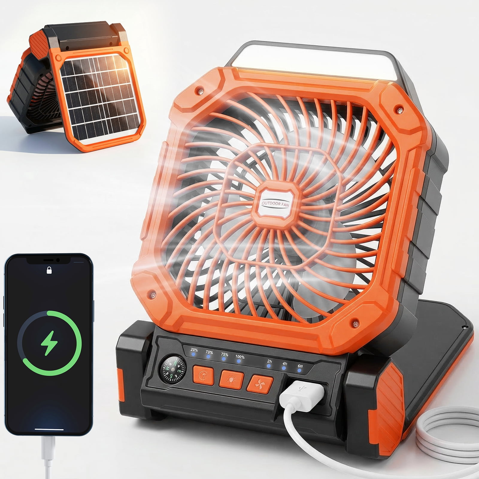 Fohil 20000mAh Solar Camping Fan with LED Light, Solar/USB Charging, 4-Speed Fan,3 Timer Settings, Phone Charging for Camping Fishing Travel Outdoor, Orange