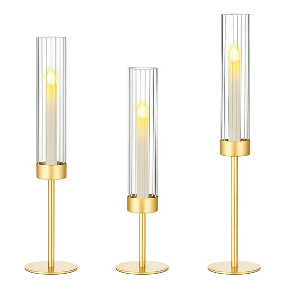 Fohil 3 Pack Candle Holders, Tall Taper Glass Candle Holders for Candlesticks Decor, Brass Candlestick Holders for Table Centerpiece Wedding Party Christmas Decorations