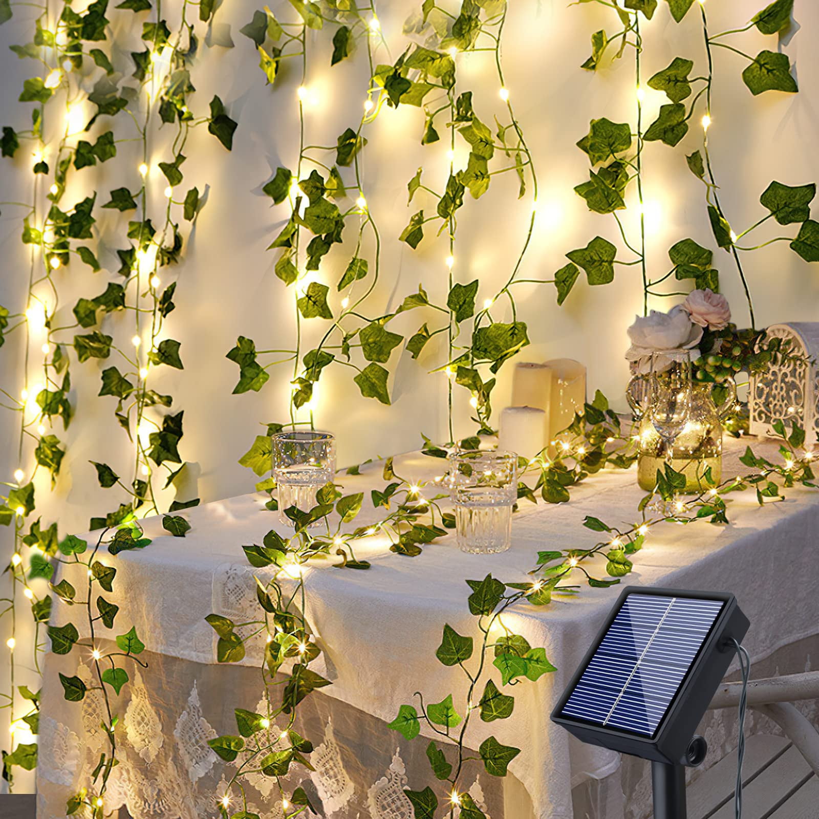 Fohil 39FT Solar String Lights Outdoor 100LED Garland Fairy Lights Artificial Ivy Leaves 8 Modes LED Ivy Vine String Light Waterproof Decoration for Garden Balcony Wedding Party Christmas Room Decor