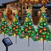 Fohil Solar Garden Lights Christmas Tree Snowflake Waterproof, 8 Mode Colorful LED 4 Pack