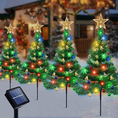 Fohil 4 Pack Solar Christmas Tree Lights Outdoor, Waterproof Solar Garden Lights with 8 Mode Colorful LED Snowflake Lights, Solar Christmas Pathway Lights for Christmas Decoration Garden