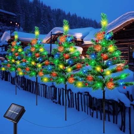 Fohil 4 Packs Solar Christmas Tree Lights Outdoor, 8 Lighting Modes LED Waterproof Solar Christmas Garden Lights with Red Berries, Solar Christmas Pathway Lights for Garden Christmas Decoration