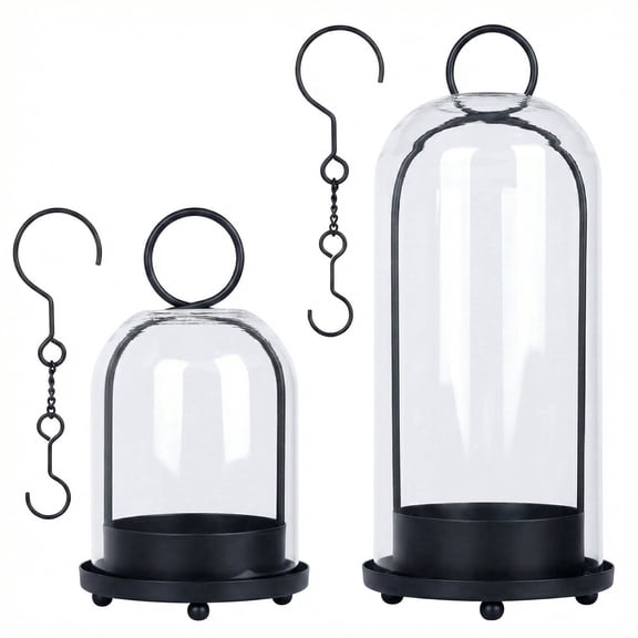 Fohil Hurricane Candle Holders Set of 2, 5" & 4" Metal and Glass Candle Lantern with Clear Dome for Pillar Candle, Wedding&Christmas Table Centerpiece,Black