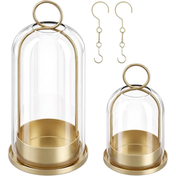 Fohil 5" & 4" Hurricane Glass Candle Holders, Set of 2 Metal Candle Holder with Handmade Sturdy Glass Dome