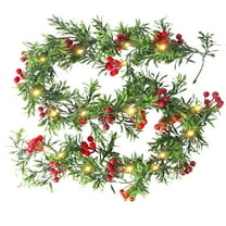 Fohil 2Pack 5.9FT Christmas Garland with Lights, Battery Operated Christmas Garland  with Red Berries for Door Mantel Stairs Fireplace