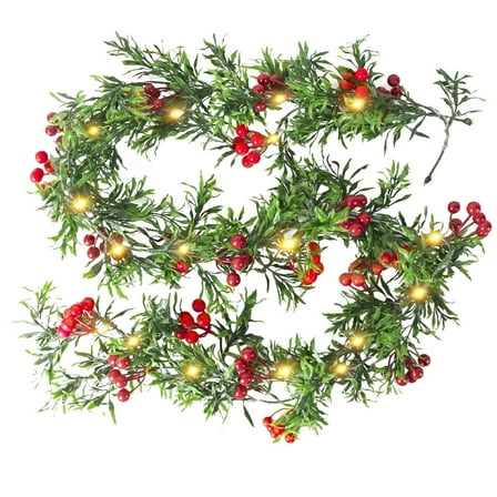 Fohil 2Pack 5.9FT Christmas Garland with Lights, Battery Operated Christmas Garland  with Red Berries for Door Mantel Stairs Fireplace