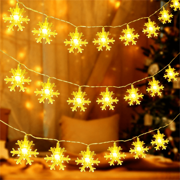 Fohil Christmas Lights 24.6ft 50 LED Snowflake String Lights Battery Operated 8 Lighting Modes Bedroom Party Home Christmas Decoration Indoor Outdoor