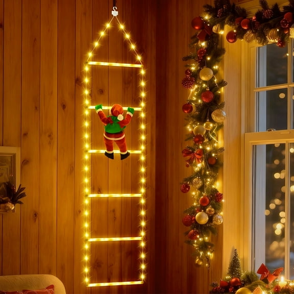Fohil Christmas Lights, Novelty LED Ladder Lights with Climbing Santa, Christmas Decorations Indoor Outdoor, USB Rechargeable 8 Mode, Home Wall Door Decor