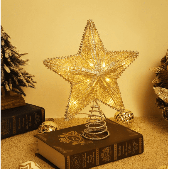 Fohil Christmas Tree Topper, 10” Gold Glitter Star Xmas Tree Topper with LED Lights, Christmas Tree Decorations, Home Decor